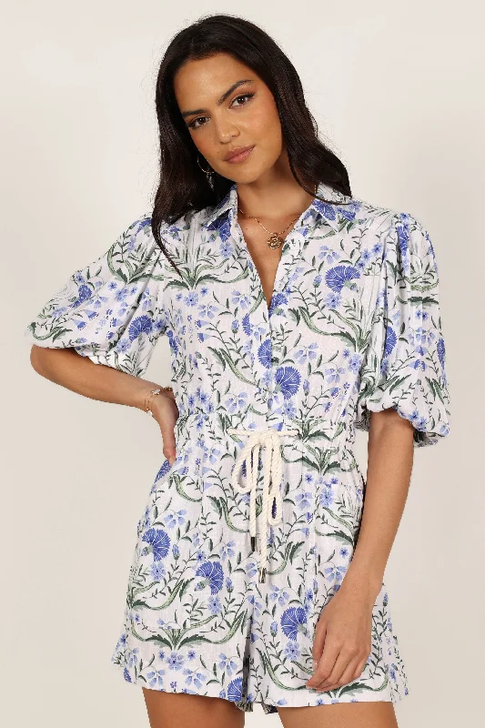 Annie Linen Playsuit - Blue Floral