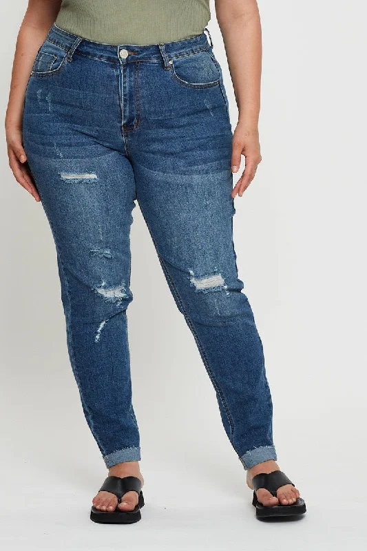 Blue Denim Jean High Rise Mid Wash Slash Knee Boyfriend