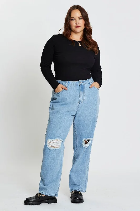 Blue Denim Jean High Rise Slash Knee Straight Leg