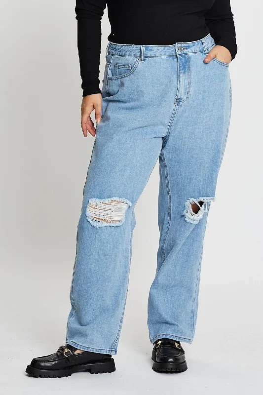 Blue Denim Jean High Rise Slash Knee Straight Leg