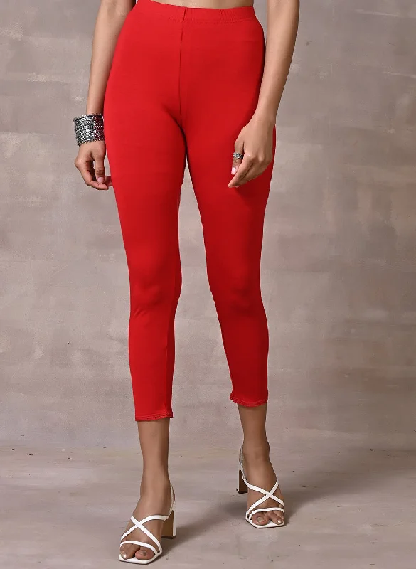 Red Ankle Length Plain Legging